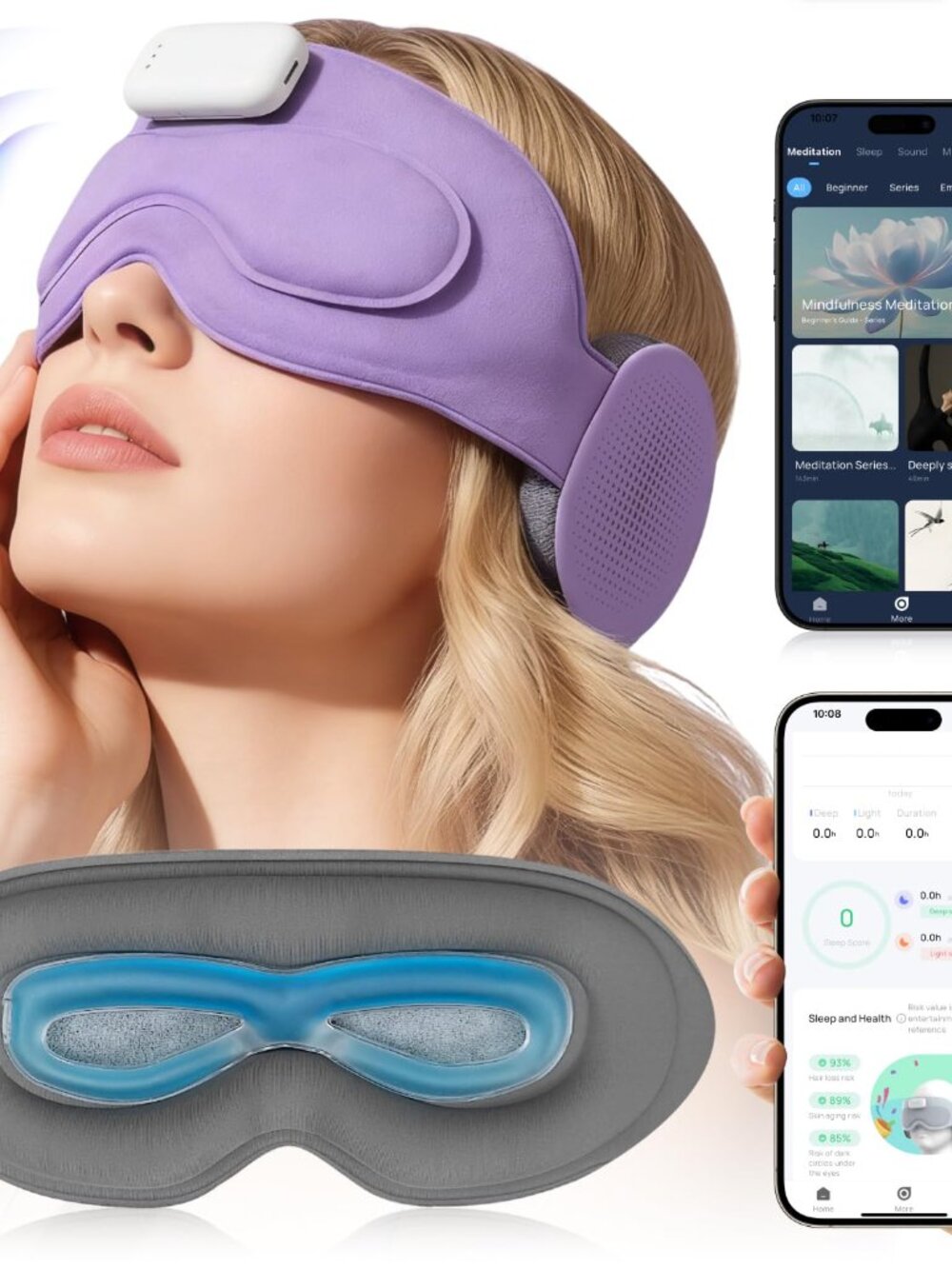 Rare 3-D SmartSleep AI Sleep Mask, Bluetooth Headphones, Sleep Tracker, Purple
